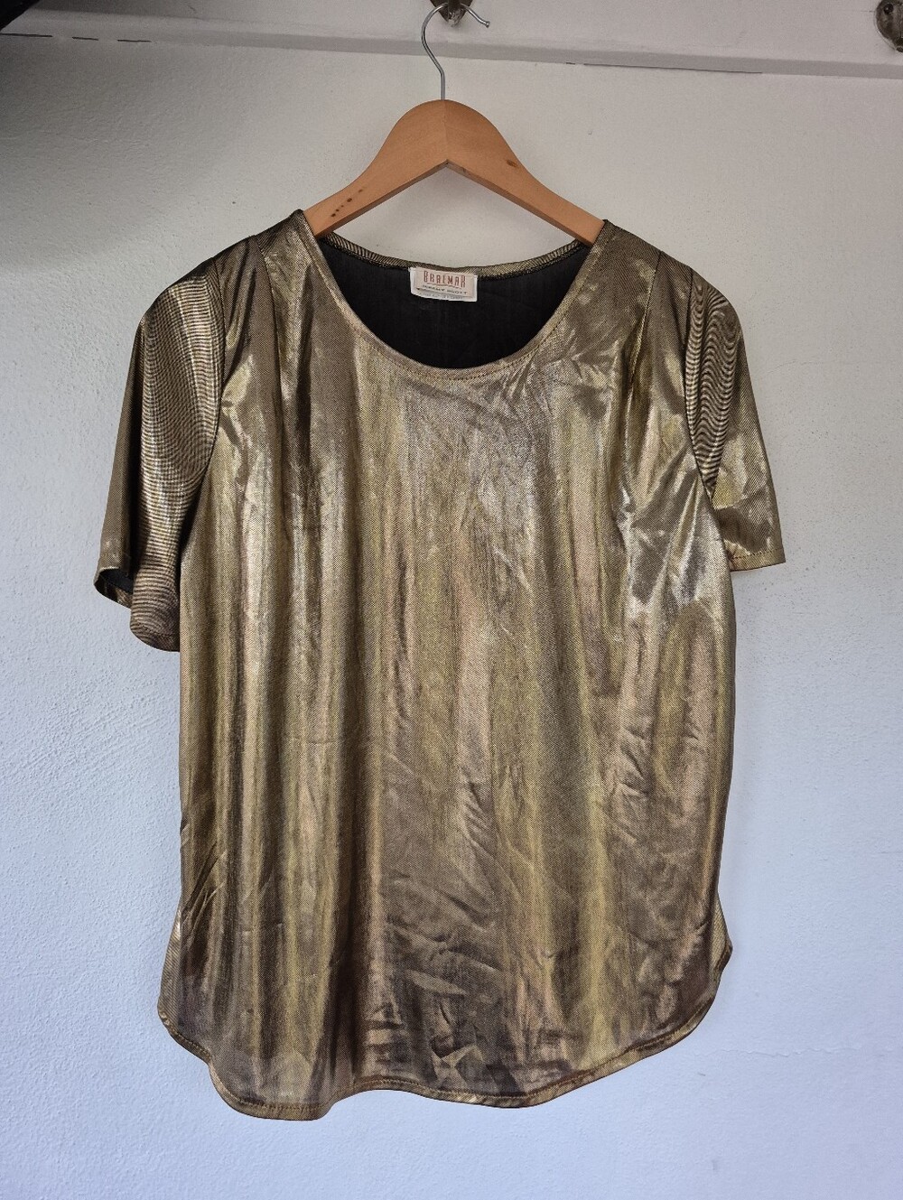 Vintage Metalic Gold Top By Braemar Womens Medium Short Sleeves